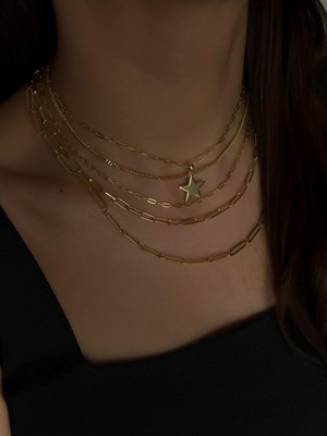 Luseda VIP Yıldız Detaylı Çoklu Zincir Katmanlı 38+5CM Ayarlanabilir Kadın Kolye