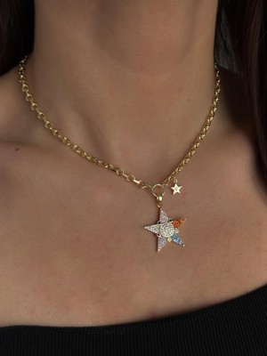 Luseda VIP Renkli Zirkon Taşlı Yıldız Figürlü Ayarlanabilir 40+5 cm Kadın Kolye