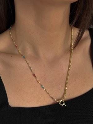 Luseda VIP Zincir & Renkli Taş Detaylı Gold 55 cm Kadın Kolye