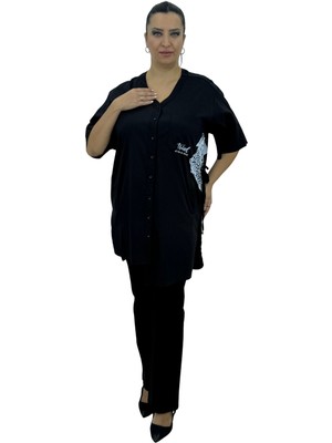 Aysel Büyük Beden Pamuklu Kapri Kol V Yaka Kuşaklı Cepli Kadın Gömlek