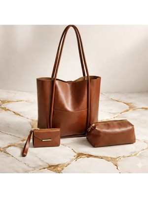 Riema Kadın Siyah 3'lü Büyük Kombin Çanta Seti Fermuarlı,shopper El Omuz Cüzdan Bilek Askılı,makyaj Çanta