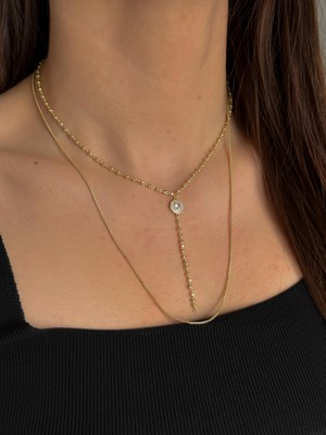 Luseda VIP Kaplama Zirkon Taşlı Y Kolye Gold Ayarlanabilir 40+5 cm Çoklu Zincir Kadın Kolye