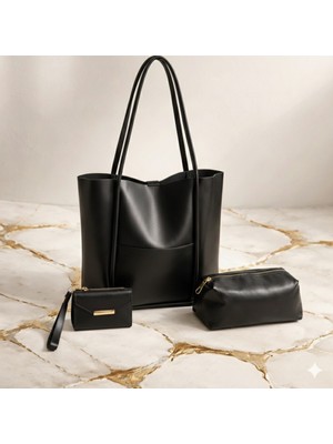 Riema Kadın Siyah 3'lü Büyük Kombin Çanta Seti Fermuarlı,shopper El Omuz Cüzdan Bilek Askılı,makyaj Çanta