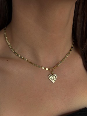 Luseda Taşlı Kalp Detaylı Ayarlanabilir 40+5 cm Gold Zincir Kolye
