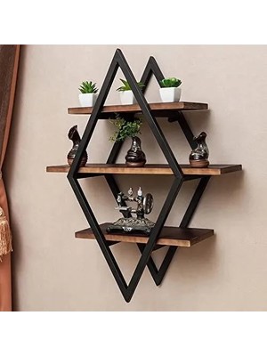 Doğal Ahşap ve Dayanıklı Metal Profil Dekoratif Ahşap Üçgen Raf 85 cm Büyük Boy