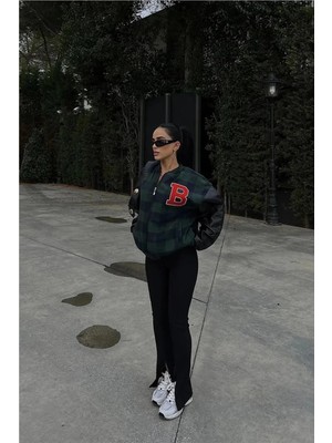 Luz&Pos Kadın Pötikare Desen Nakışlı Kolej Ceket - Haki