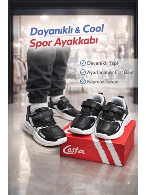Costa Siyah Çocuk Spor Ayakkabı Cırt Cırtlı Kaymaz Taban Hafif Rahat Günlük Sneaker Erkek Kız Çocuk Ayakkabı