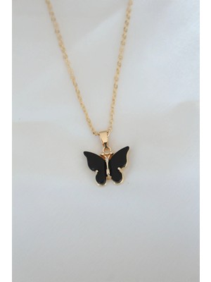 Luz&Pos Gold Kaplama Siyah Renkli Sedefli Kelebek Kolye