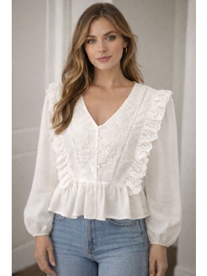 Nihanello Butik Fırfırlı Dantelli Bluz