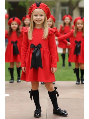 Parla Kids Kız Çocuk Kırmızı Sofia Pamuklu Fiyonk Detaylı Elbise Kep Abiye Takım