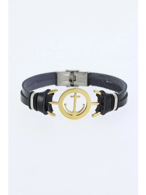 Luz&Pos Gold Renk Deniz Çapası Figürlü Metal Aksesuarlı Siyah Renk Deri Erkek Bileklik