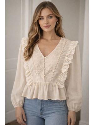 Nihanello Butik Fırfırlı Dantelli Bluz