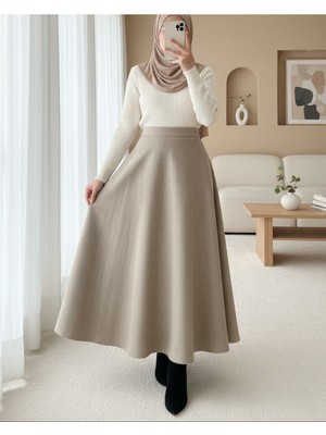 Modamorfo Fermuarlı Kaşe Çan Etek    -Bej