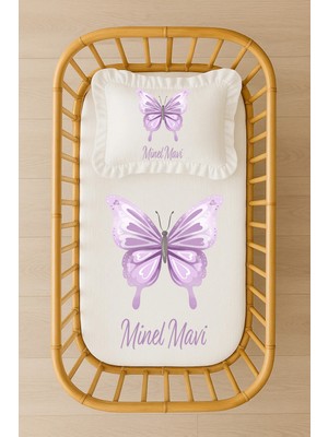 Moda Lime Isimli Bebek Nevresim Takımı 70X120 – Mor Kelebek Tasarım – Akfil Kumaş – Fırfırlı Dolgulu Yastıklı