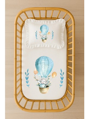 Moda Lime Isimli Bebek Nevresim Takımı 70X120 – Mavi Balonlu Fil Fırfırlı Dolgulu Yastıklı