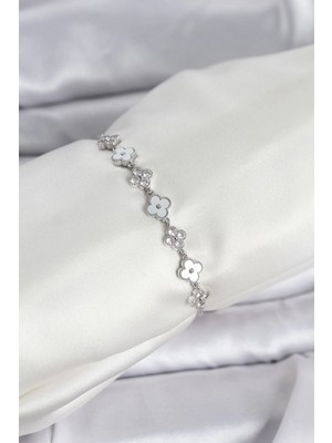 Flamex Gümüş Renk Zirkon Taşlı Sıralı Yonca Model Asansörlü Kadın Bileklik