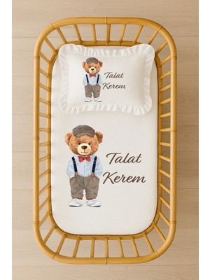 Moda Lime Isimli Bebek Nevresim Takımı 70X120 – Şık Papyonlu Ayıcık Tasarım Fırfırlı Dolgulu Yastıklı