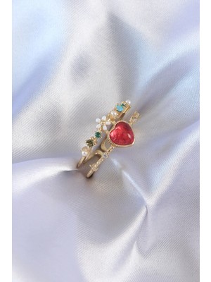 Luz&Pos Gold Renk Kırmızı Zirkon Taş Kalp Model Pirinç Kadın Yüzük