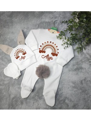 Moda Lime Tavşan Kulaklı Ponponlu Isme Özel Baskılı Bebek 3 Lü Tulum Seti