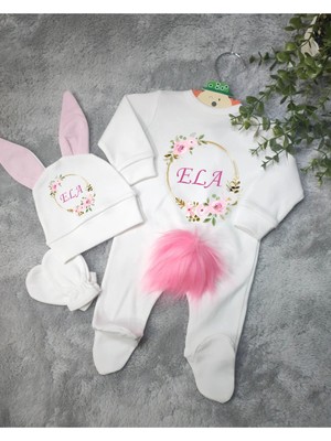 Moda Lime Tavşan Kulaklı ve Ponponlu Isme Özel Baskılı Çiçek Çerçeveli Kız Bebek 3 Lü Tulum Seti