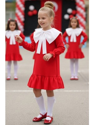 Kız Çocuk Rashel Kırmızı Yakalı Fırfırlı Uzun Kol Keten 23 Nisan 29 Ekim Gösteri Elbisesi