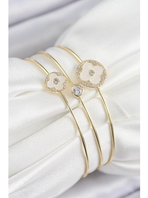 İsmiyle Al Pirinç Zirkon Taşlı Yonca Model Gold Renk Vip 3'lü Kadın Bileklik