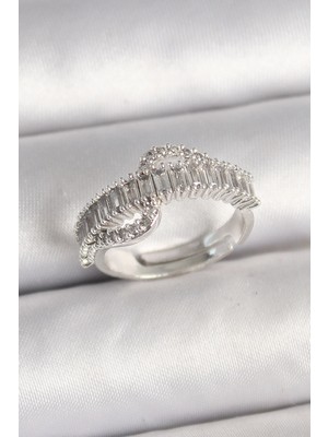 İsmiyle Al Pirinç Gümüş Renk Su Yolu Zirkon Taşlı Ayarlanabilir Model Kadın Yüzük