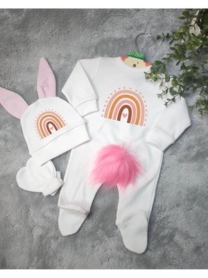 Moda Lime Tavşan Kulaklı ve Ponponlu Isme Özel Baskılı Gökkuşağı Desen Kız Bebek 3 Lü Tulum Seti