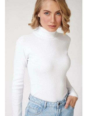 Luz&Pos Kadın Kaşkorse Boğazlı Full Likralı Fitilli Body Kazak - Beyaz