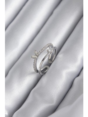 Luz&Pos Pirinç Gümüş Renk Zirkon Taşlı Kelebek Model Kadın Yüzük