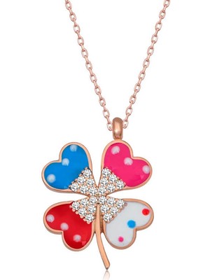 Tienda Elegante Gümüş Rose Renkli Taşlı Yonca Kadın Kolye