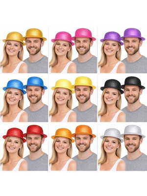 İsmiyle Al Glitter Simli Melon Şapka 9’lu Set - 9 Renk Parti ve Kostüm Şapkası