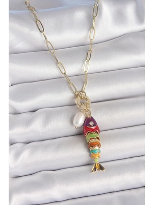 İsmiyle Al Inci Detaylı Zirkon Taşlı Rainbow Balık Figürlü Gold Renk Pirinç Kolye