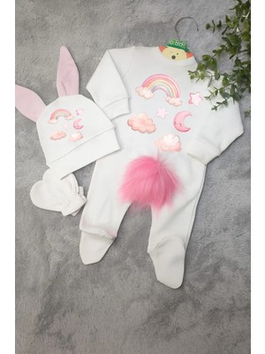 Moda Lime Gökkuşağı Ay Bulut Desenli Kız Bebek Tulum Seti – %100 Organik Pamuk