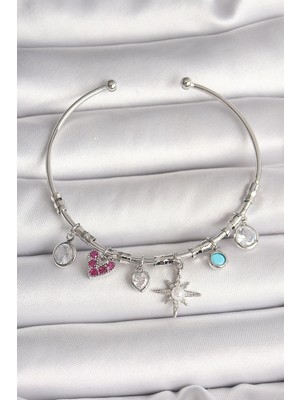 İsmiyle Al Pirinç Gümüş Renk Sallantı Zirkon Taşlı Kutup Yıldız Figür Kalp Detay Charm Kadın Bilekli