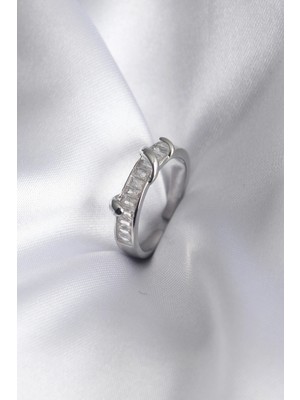 Luz&Pos Pirinç Gümüş Renk Su Yolu Zirkon Taşlı Kadın Yüzük