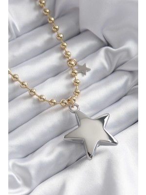 İsmiyle Al Pirinç Gold Renk Topçuk Zincir Gümüş 3D Yıldız Model Yıldız Detay Vip Kadın Kolye