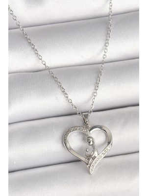 İsmiyle Al 316L Çelik Gümüş Renk Zincir Zirkon Taş Detaylı Kalp Model Kadın Kolye