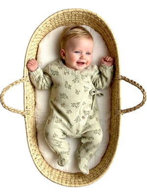 Beren %100 Pamuk Müslin Bebek Tulumu - Zeytin Dalı Yan Bağlamalı Kruvaze Patikli Kız Bebek Tulum