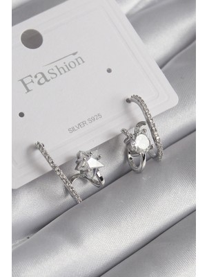 Luz&Pos Pirinç Gümüş Renk Zirkon Taşlı Kadın Küpe