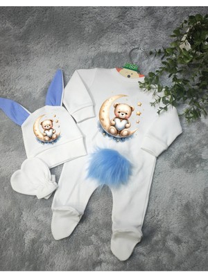 Moda Lime Tavşan Kulaklı Ponponlu Isme Özel Baskılı Bebek 3 Lü Tulum Seti