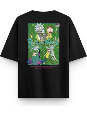 Overoz Rick & Morty Sırt Baskılı Yarı Oversize Unisex Siyah T-Shirt 1378