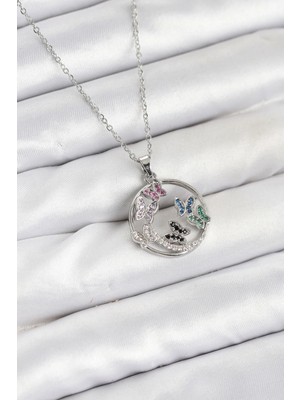 İsmiyle Al 316L Çelik Zincir Gümüş Renk Zirkon Taşlı Kelebekli Kadın Kolye