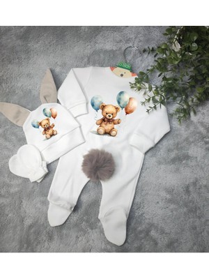 Moda Lime Tavşan Kulaklı Ponponlu Isme Özel Baskılı Elinde Balon Olan Ayıcık Detaylı Bebek 3 Lü Tulum Seti