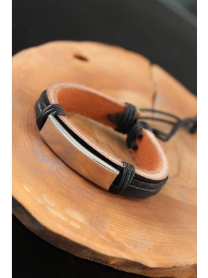 İsmiyle Al Çelik Aksesuarlı Siyah Renk Deri Erkek Bileklik