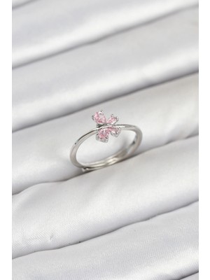 İsmiyle Al Pirinç Gümüş Renk Pembe Kelebek Kadın Yüzük