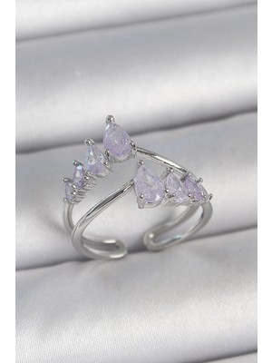 İsmiyle Al Pirinç Gümüş Renk Mor Damla Zirkon Taşlı Taç Model Kadın Yüzük