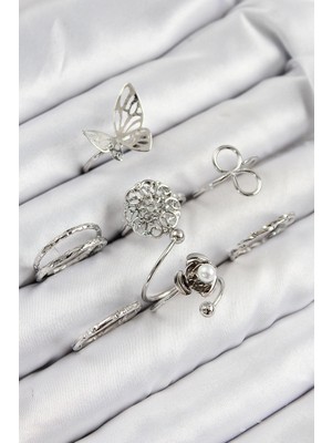 İsmiyle Al Pirinç Gül Kelebek Model Gümüş Renk Kadın Yüzük Kombin Set