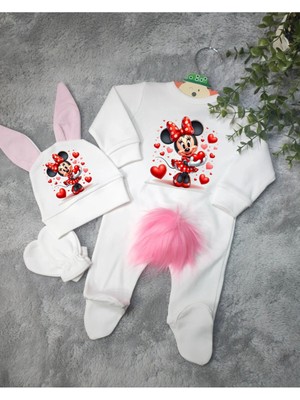 Moda Lime Tavşan Kulaklı ve Ponponlu Isme Özel Baskılı Minie Mause Kız Bebek 3 Lü Tulum Seti