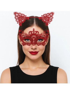 İsmiyle Al Lüks Kırmızı Dantel Taçlı Maske Seti 2 No - Parti, Balo, Kostüm Aksesuarı